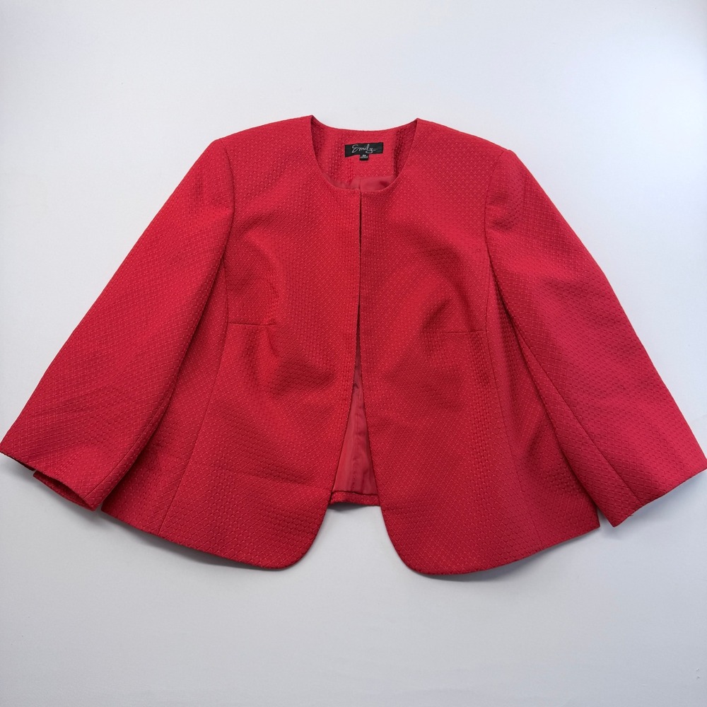Emily Red Textured Diamond Open Front Collarless Blazer Plus Size 18W